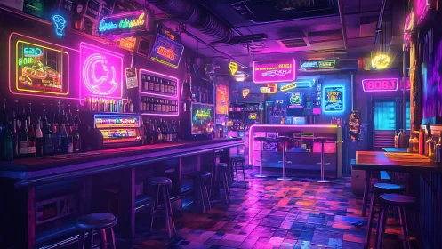 Neon soaked retro bar interior glows in vibrant cyber haze