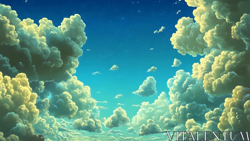 Layered cumulus cloud formations under clear blue sky.