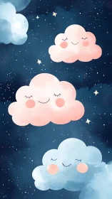 Smiling pastel clouds drift across deep midnight sky.