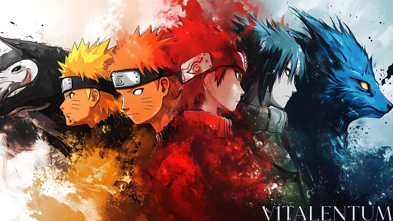 Anime characters and beasts in split tri-color composition.