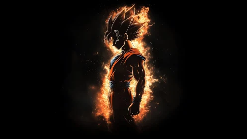 Fiery anime warrior silhouette amid blazing aura glow.