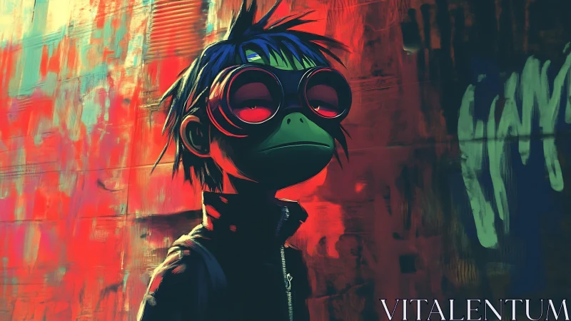 Cartoon frog-faced teen in goggles against neon wall.