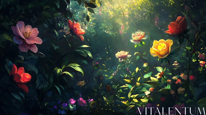 Illuminated Garden with Layered Foliage and Multicolored Roses