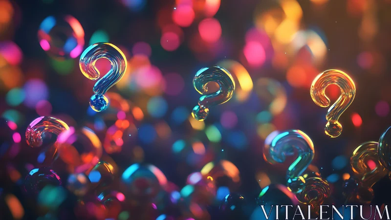 Glowing glass question marks amid neon bokeh haze.