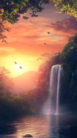 Sunrise waterfall hush where mist, birds and dreams meet.