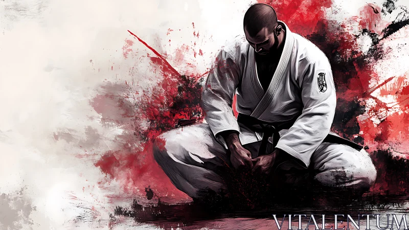 Martial artist kneels in focused silence amid red energy