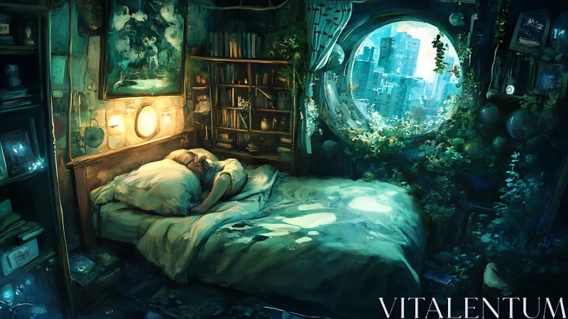 Sleeping figure in overgrown urban window bedroom dreamscape