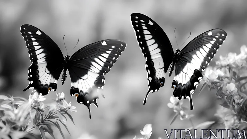 Two black swallowtail butterflies over soft blurred foliage.