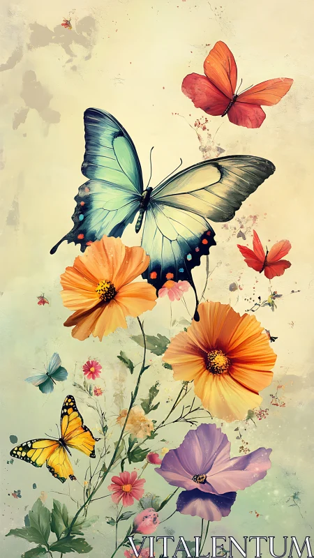 Gentle butterflies dancing over bright wild garden blooms.