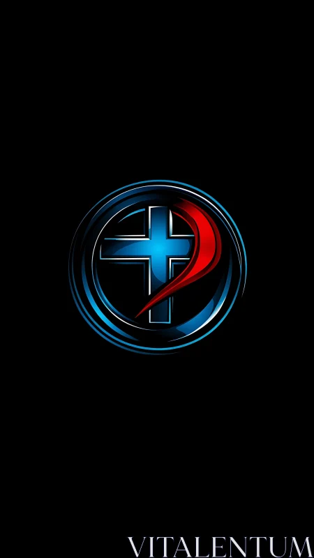 Chromed circular emblem with blue cross and red swoosh lighting
