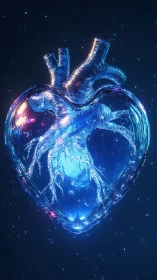 Translucent anatomical heart rendered in luminous blue glass