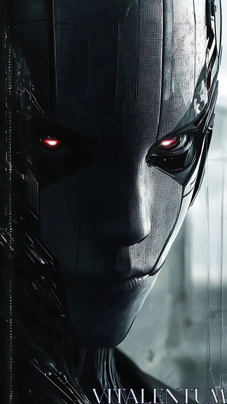 Cybernetic humanoid portrait displays textured metallic face