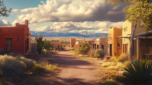 Sunlit adobe street under dramatic Southwestern skyscape.