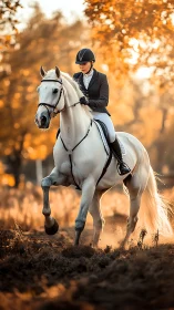 Autumn light crowns a focused rider on a flying white steed