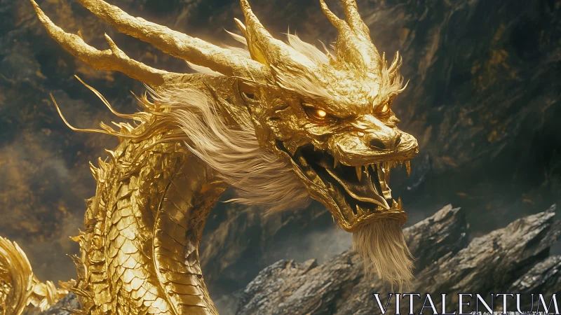 Golden dragon roars amid shadowed cliffs in blazing detail