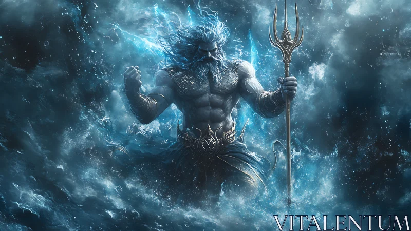 Mighty sea guardian rising from swirling stormy waters.