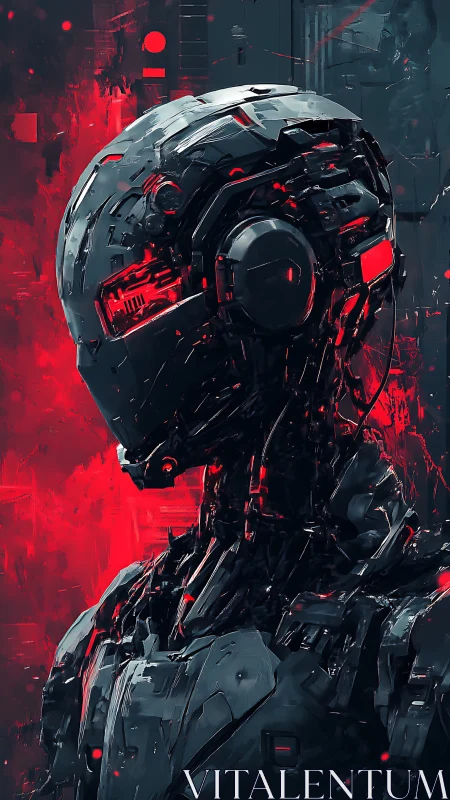 Chrome sentinel listens to the neon storm behind its visor