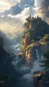 Clifftop fortress watches over misty fantasy valley landscape.