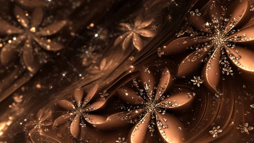 Fractal floral forms radiate across metallic brown waves