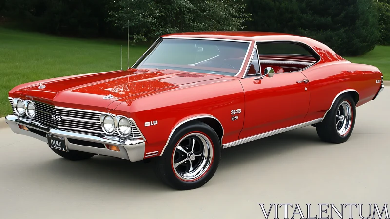 Classic red muscle car gleaming with timeless American style.