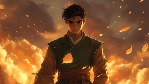 Storm-lit warrior in torn robe amid ember filled sky