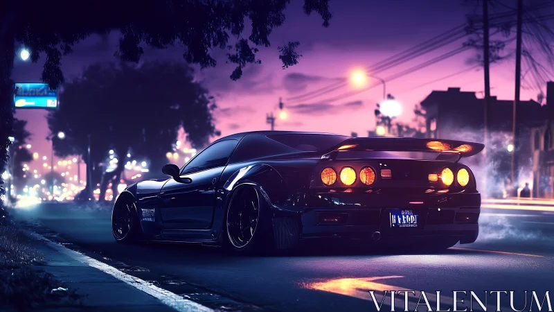 Modified sports car on urban street at dusk with lights on.