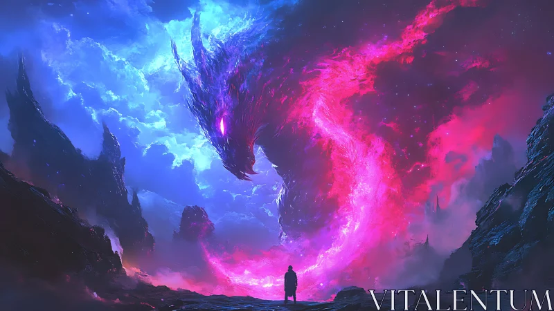 Cosmic dragon vortex coils above lone figure in neon sky.