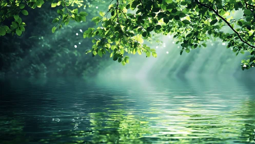 Tranquil Forest Pond with Sunlight Filtering Through Leaves.