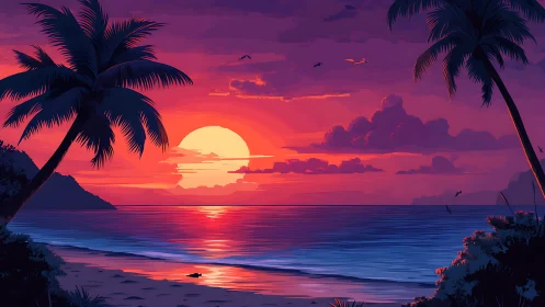 Gentle tropical sunset pours soft color over a calm shore