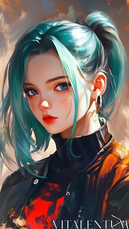 Digital portrait of teal haired girl in leather jacket.