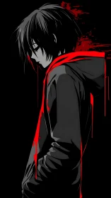 Brooding anime boy in black hoodie with stark red accents.