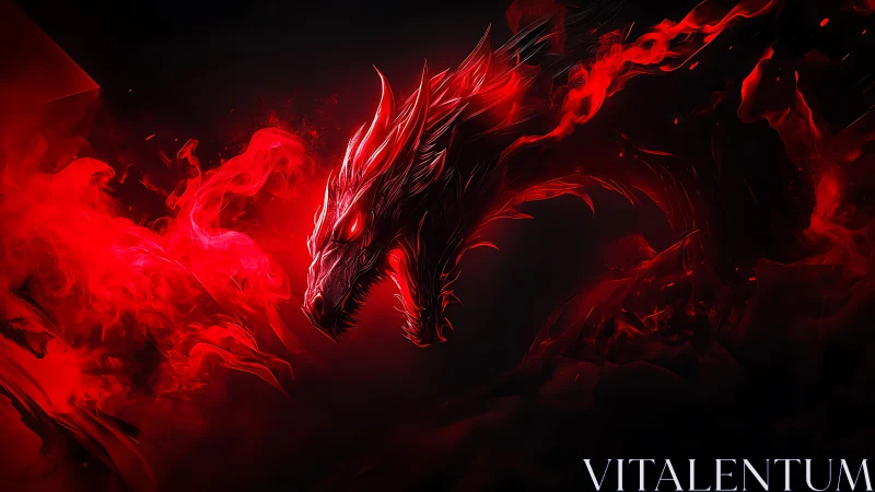 Fiery crimson dragon emerging from swirling shadows.