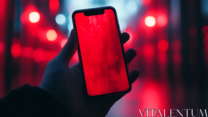 Glowing smartphone screen in neon red cyber corridor night scene.