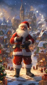 Santa Claus stands proudly over a glowing winter village