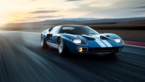 Photorealistic racing coupe on blurred dusk circuit track.