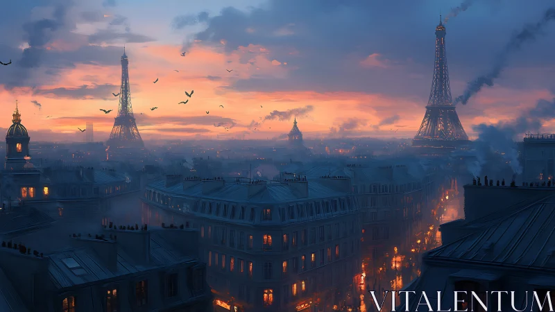 Twilight Paris skyline with twin Eiffel towers and rooftops.