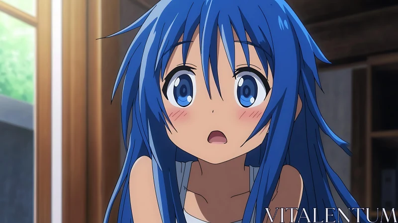Blue haired anime girl indoors with surprised expression.