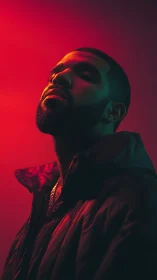 Portrait shows side-lit man in red and teal low-key lighting