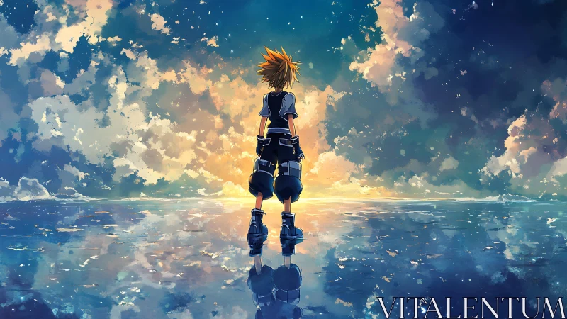 Solitary anime figure over reflective sea at luminous dawn