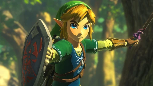 Sword-wielding elf warrior with shield in bright forest scene