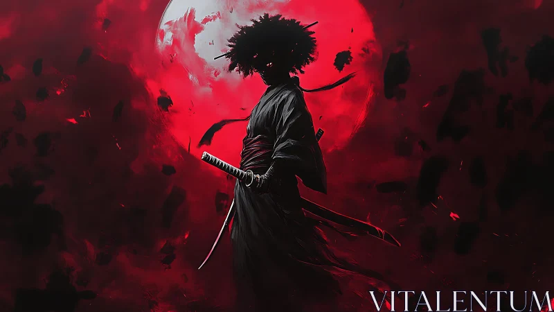 Moonlit ronin stands calm in swirling red night sky