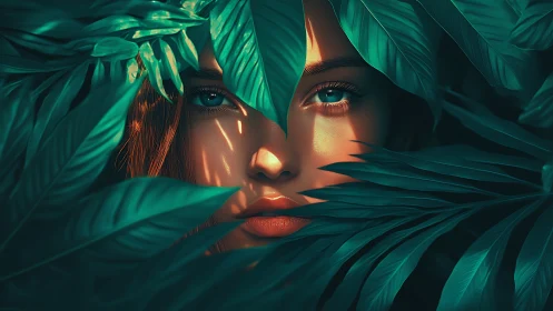 Woman’s face framed by dense teal jungle leaves in light.