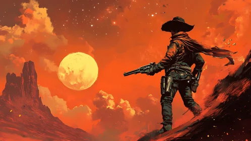 Lone gunslinger surveys a burning alien desert sky at dusk.