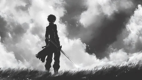 Silhouetted swordsman stands in tall grass beneath storm clouds