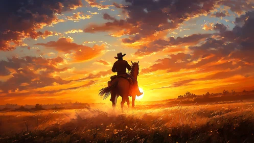 Sun-chasing cowboy rides into a wildfire prairie sky.