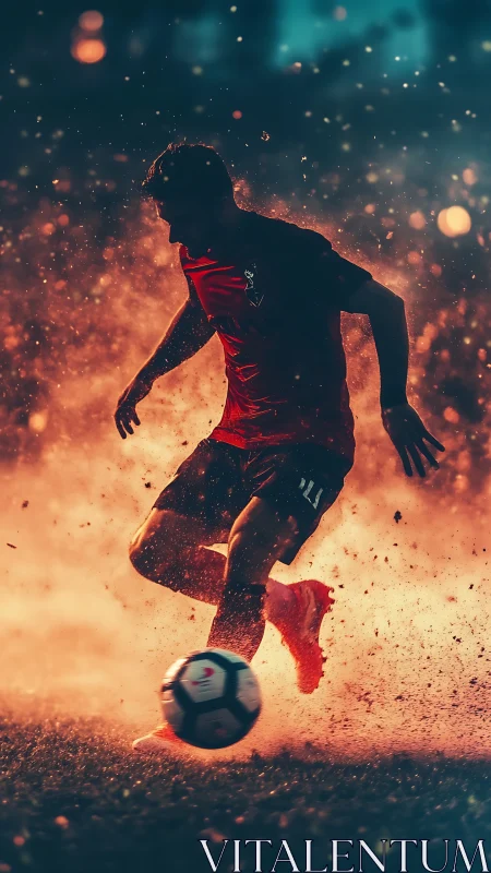 Soccer player dribbling ball in dramatic glowing dust field.