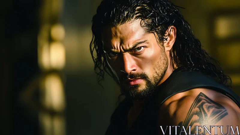 Intense warrior stares ahead in dramatic golden light.