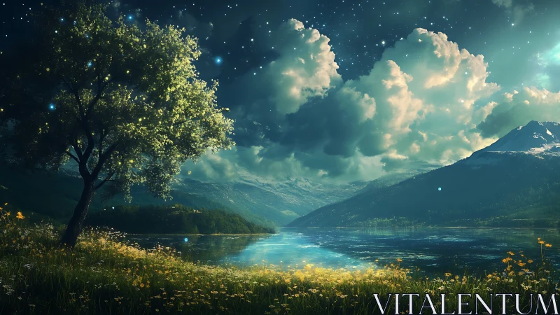 Night lake landscape shows tree, stars, clouds, mountains