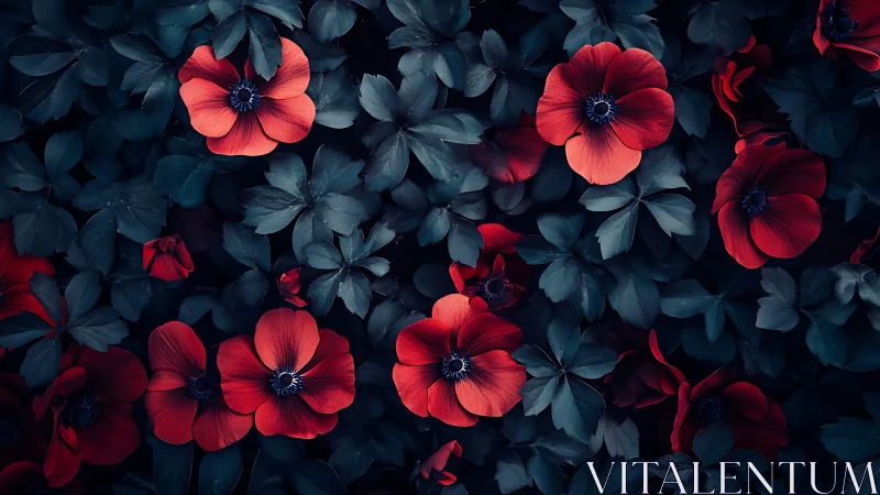 Red Flowers Against Dark Foliage