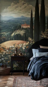 Tuscan landscape mural behind moody luxe bedroom styling.